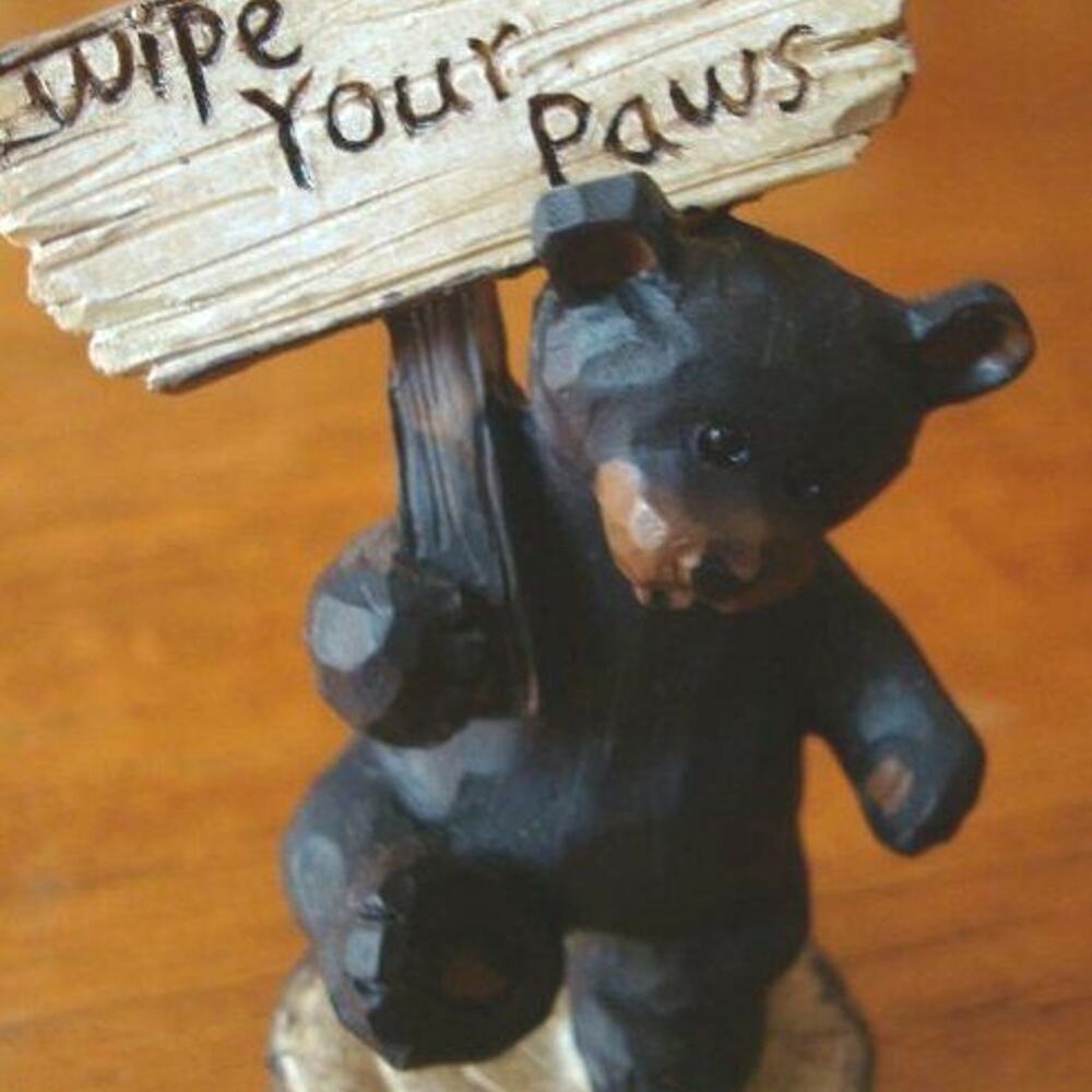 Black Bear 'Wipe Your Paws' Sign Rustic Faux Wood Carved Lodge Cabin Decor Gift